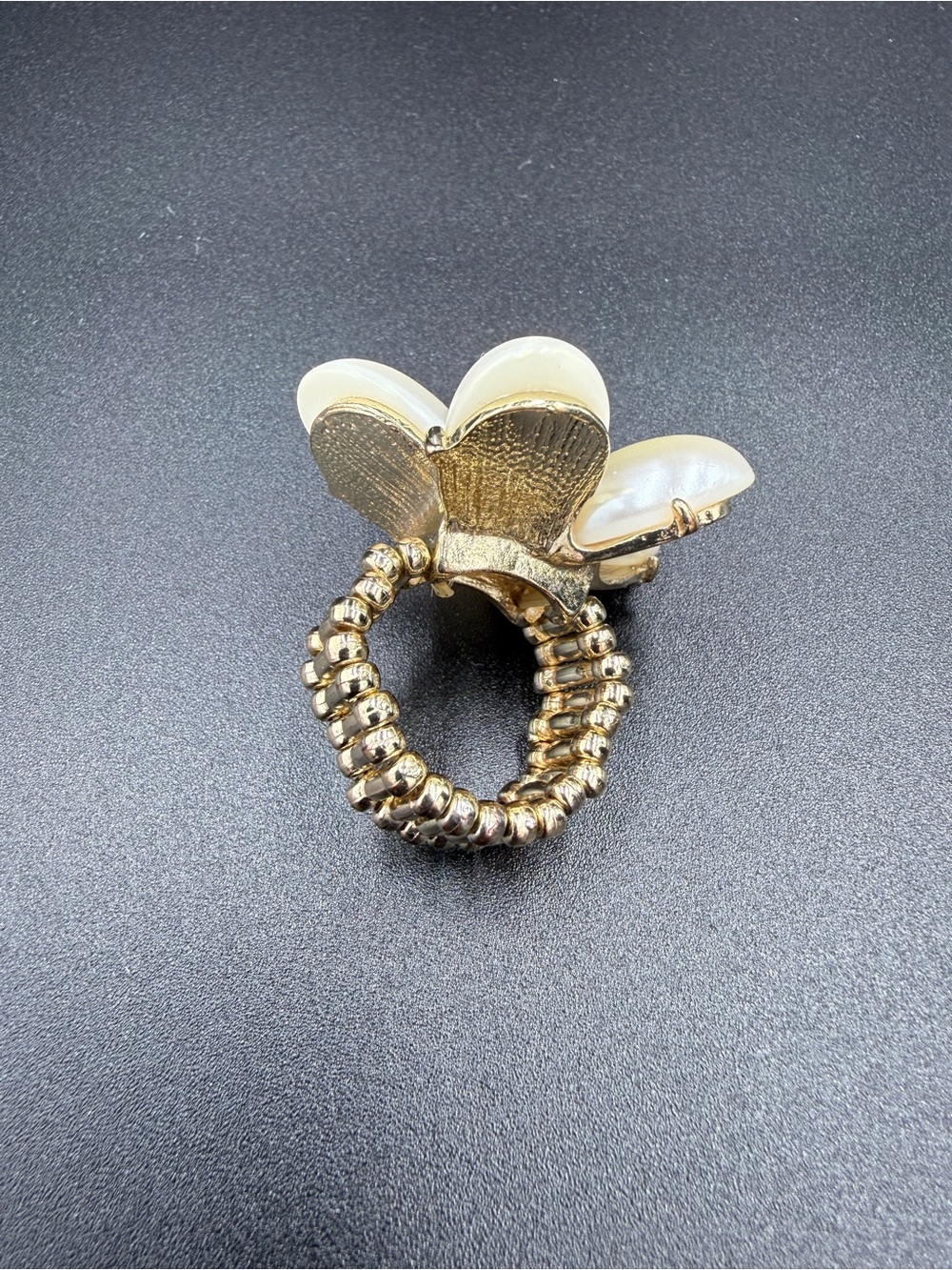 Gold Flower Pearl Cocktail Stretch Ring in White Pearls - Picture 4 of 8